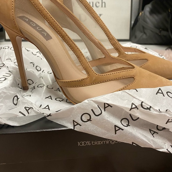New tan suede Aqua 4” heels with mesh sides - Picture 4 of 5